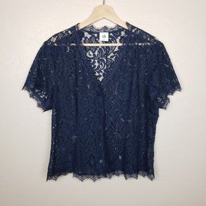 Cabi Navy Lace London Calling Sheer Shirt Large